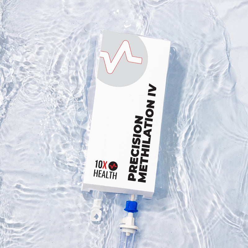 IV bag labeled 'Precision Methylation IV' from 10X Health on a light blue background