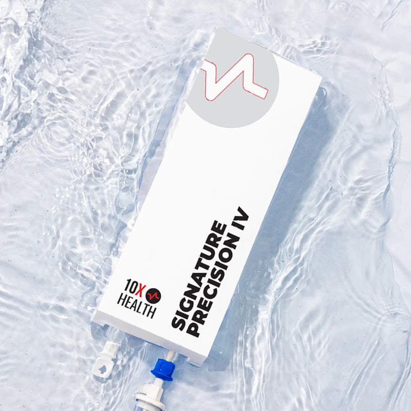 IV bag labeled '10X Health Signature Precision IV' on a light gray background