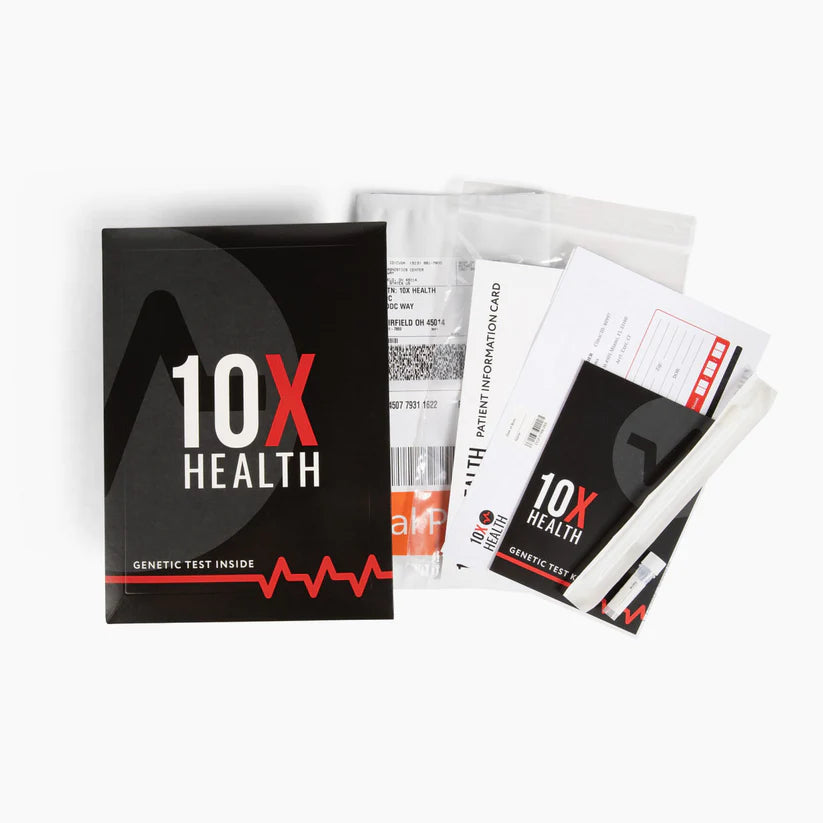 10X Health genetic test kit with packaging and instructions on a white background